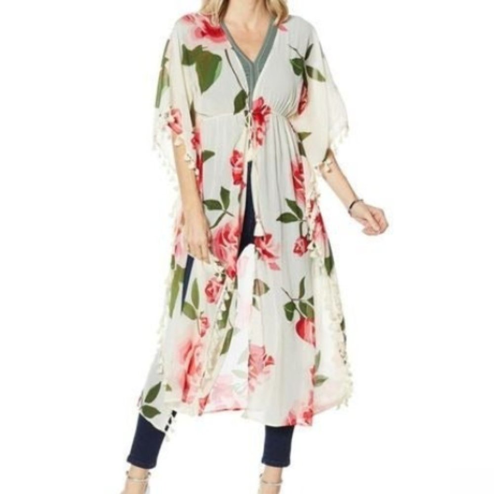 NWT Colleen Lopez Womens Floral Tassel Duster Swim Cover Cream or Blue XS to 1X